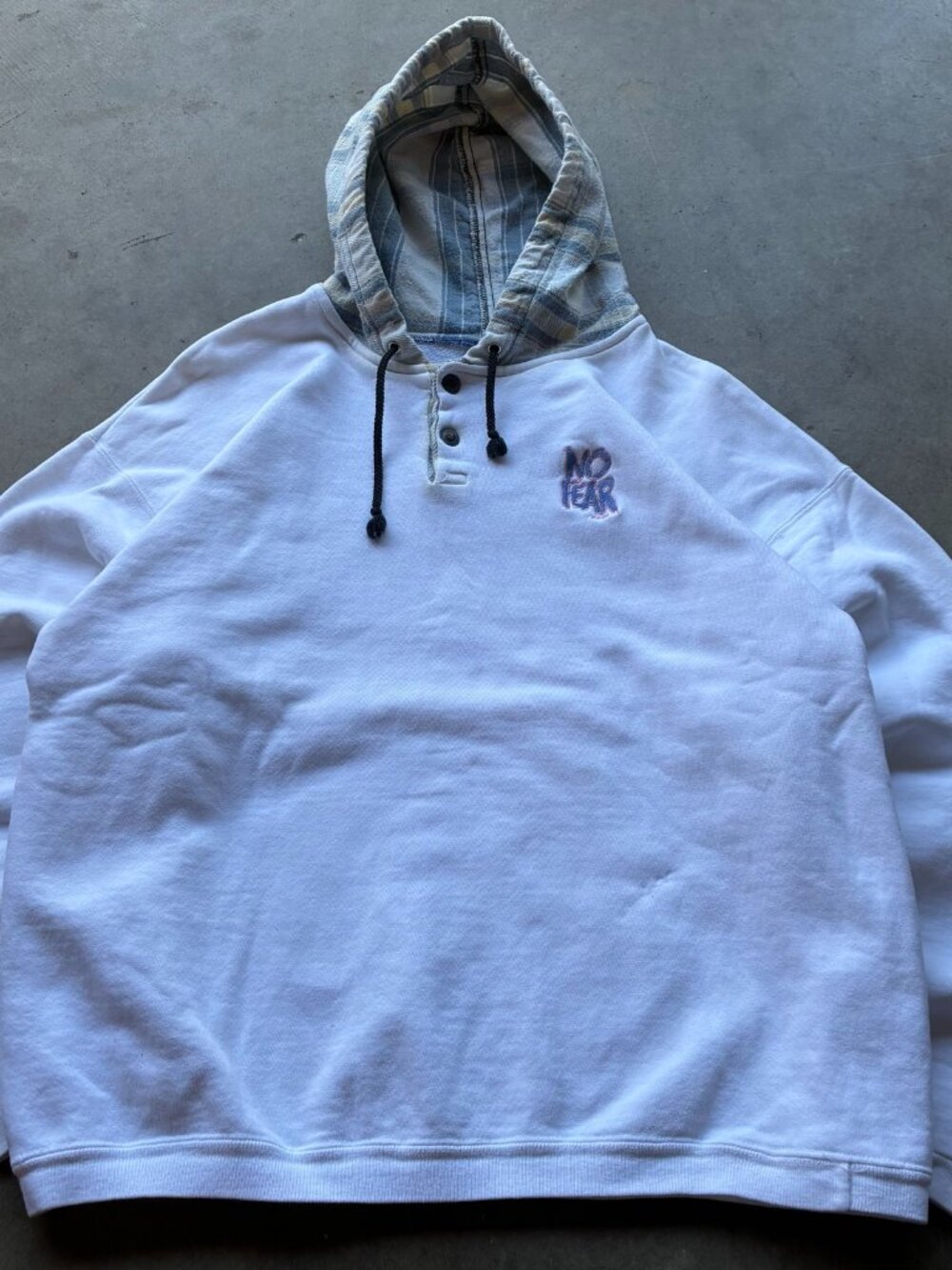 Vintage 90s No Fear Gear White Hoodie Plaid Flannel Lined Hood Snaps XL